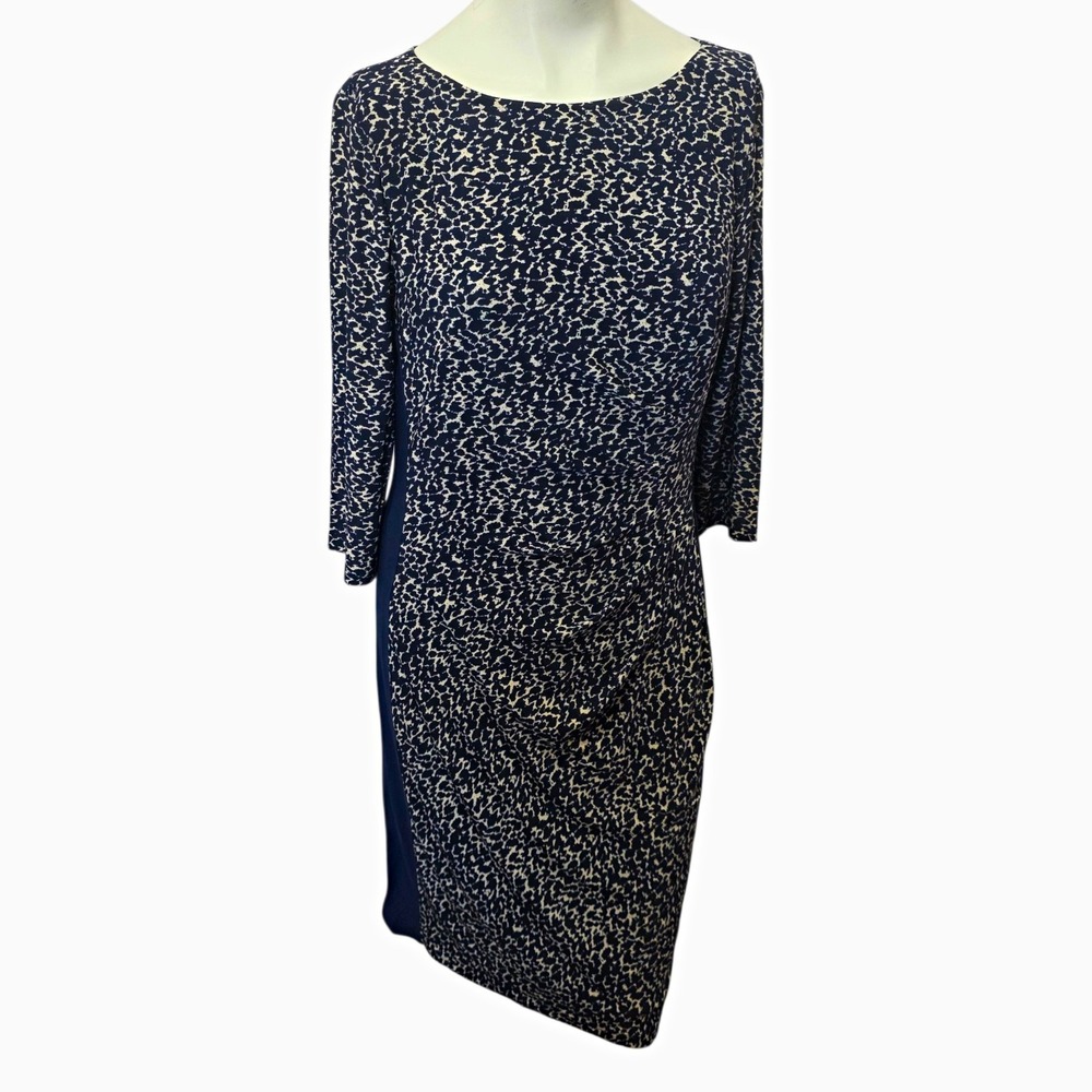 Lauren Ralph Lauren Dress 14 Navy Cream Abstract Ruched Sheath 3/4 Sleeve